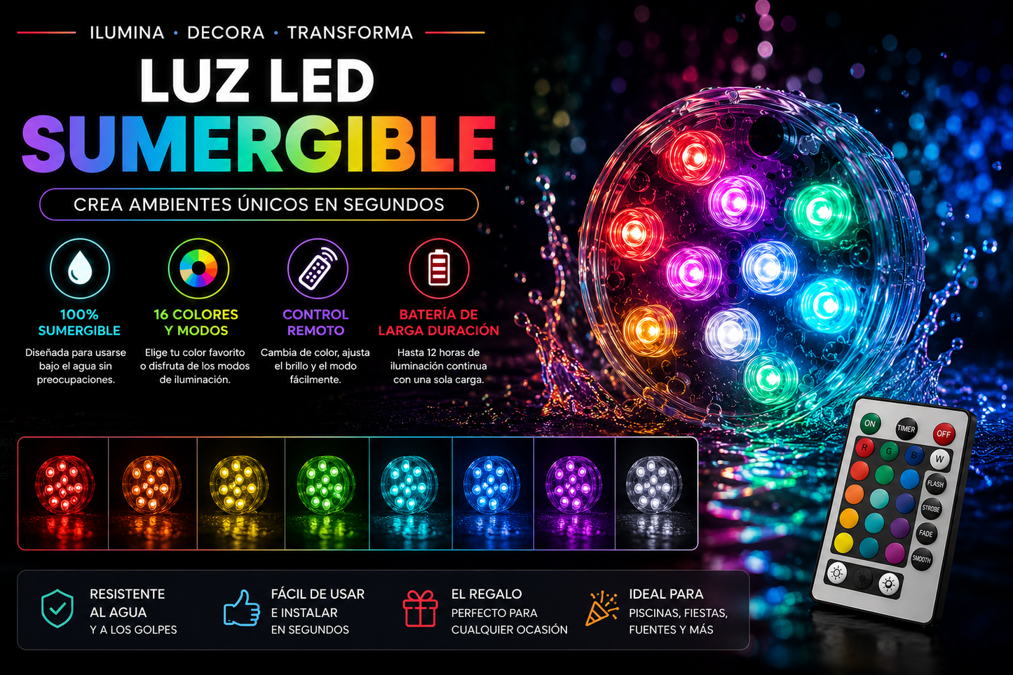 Kit de iluminación RGB para piscinas - Inalámbrico con control remoto