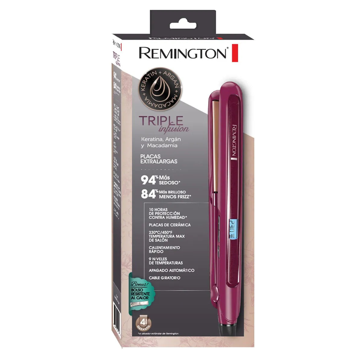 Plancha Remington Triple Infusión Keratina, Argán y Macadamia